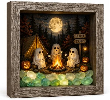 DIY Halloween Shadow Box Night Light Kit, 8.5 Inch Wooden Frame LED Craft Set with Luminous Stones & Acrylic Panels, Create Your Own Spooky Ghost & Pumpkin Scene, Fall Autumn Tabletop Home Decor by Unknown