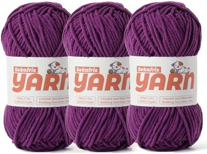 3 Pack Plush Chunky Chenille Yarn for Crocheting, Soft Fluffy Velvet Yarn for Crocheting, Fuzzy Baby Blanket Knitting Yarn, 300g/393yds Bulky Amigurumi Yarns（3 Dark Purple） by Sekafris