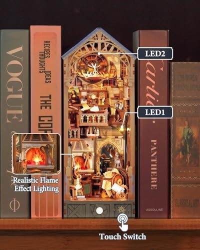 Tonecheer DIY Book Nook Kit for Adults, 3D Puzzle Wooden Miniature House Kit, Booknook Dollhouse Bookshelf Insert Decor Bookend with Dust Cover and LED Lights Gifts (Leonardo da Vinci) - Image 2