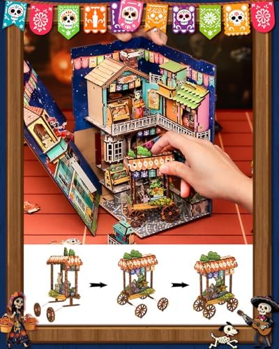 CUTEBEE Book Nook Kit - Mexican Fiesta DIY Miniature Dollhouse, Vibrant LED Bookshelf Decor Alley Model for Adults Teens, Gifts for Family and Friends（Plaza de Los Muertos） - Image 4