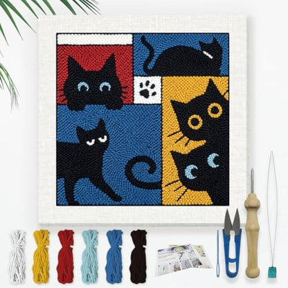 DOODLREAM Color Black Cat Needle Kit for Beginner, 9.4"x 9.4" Modern Pet Punch Stitching Craft Set, DIY Embroidery Starter with Printed Frame, Instruction, Threader, Yarn, Punch Needle by Doodlream