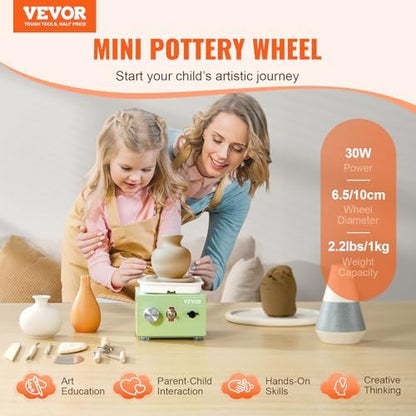 VEVOR Mini Pottery Wheel for Kids and Adults, 2 Turntables 2.6in/3.9in, 0-320RPM Speed Adjustable, Complete Pottery Kit With 18pcs Accessories Tools, Craft Christmas Gifts for Kids Teens Adults, Green - Image 2