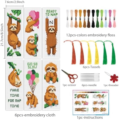 INFUNLY Sloth Words Cross Stitch Bookmark Kit 10x7.7 Funny Quote Cross Stitch Bookmark Set Nap Time Sloth Stamped Embroidery Bookmarks Kit DIY Embroidery Bookmarks for Book Lovers Craft Gift - Image 2