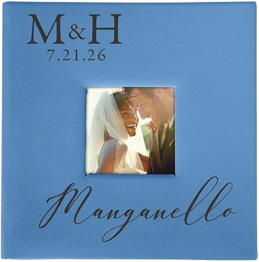 Personalized Photo Album, Custom Engraved Picture Album, Holds 200 4" x 6" Photos, Leatherette and Laser Engraved Scrapbook, Wedding Initials and Last Name, Blue