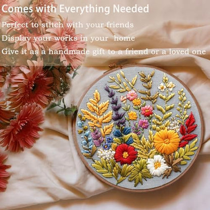FONNUY Floral Embroidery Kit for Beginners, Colorful Flowers Pre-Stamped Pattern Kits for Adults with Hoop, Thread Needlework, 8'' Hoop (Daisy) - Image 3