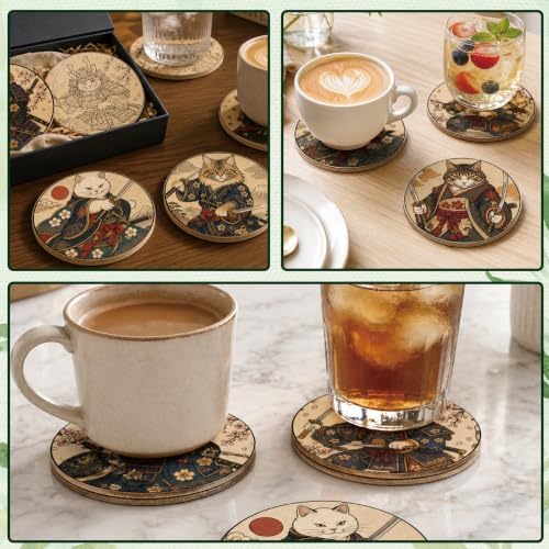 26PCS Wood Coasters Craft Kit 10 Paint You Own Coaster with 16 Pens Wooden Coaster Painting Set Coasters for Drinks Samurai Cat Painting Crafts Art Supplies (Samurai Cat) - Image 7