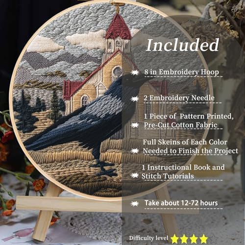 FONNUY Embroidery Kit, Featuring Crow and Landscape Patterns, Cross Stitch Kits for Both Adults and Beginners, Handmade Crafts Printed Pattern Set, Color Thread Needlework, 8'' Hoop (Tenacious Bird) - Image 2