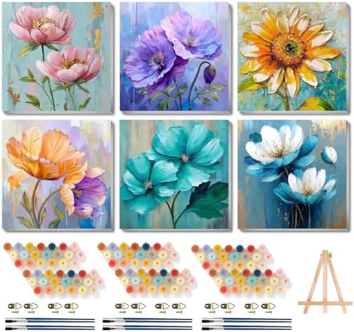 Canrichshop 6 Pack Paint by Numbers Kit for Adults,Framed Adults Painting by Numbers Kits with Wooden Easel, DIY Flowers Acrylic Oil Painting Number Kits for Wall Decor 8x8 inch by Canrichshop
