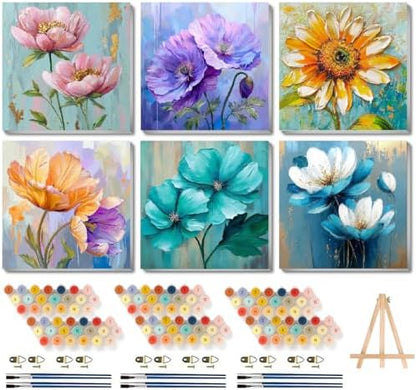 Canrichshop 6 Pack Paint by Numbers Kit for Adults,Framed Adults Painting by Numbers Kits with Wooden Easel, DIY Flowers Acrylic Oil Painting Number Kits for Wall Decor 8x8 inch by Canrichshop