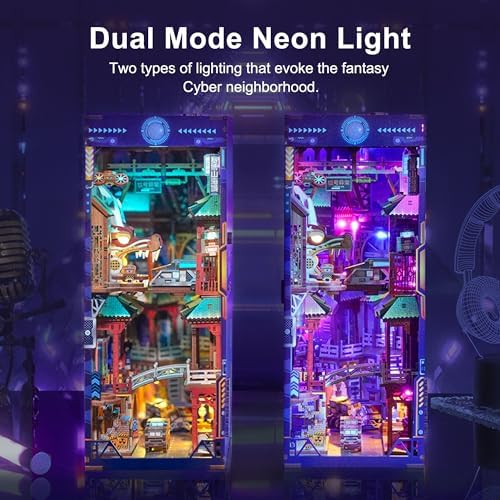 Tonecheer DIY Book Nook Kit for Adults, Wooden 3D Puzzle Bookend Bookshelf Insert Decor, Cyber Punk Booknook Miniature House Kit with Dust Cover and Body Motion Sensor LED (Cyber City) - Image 2