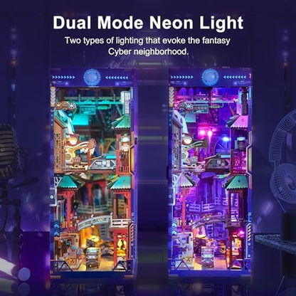 Tonecheer DIY Book Nook Kit for Adults, Wooden 3D Puzzle Bookend Bookshelf Insert Decor, Cyber Punk Booknook Miniature House Kit with Dust Cover and Body Motion Sensor LED (Cyber City) - Image 2