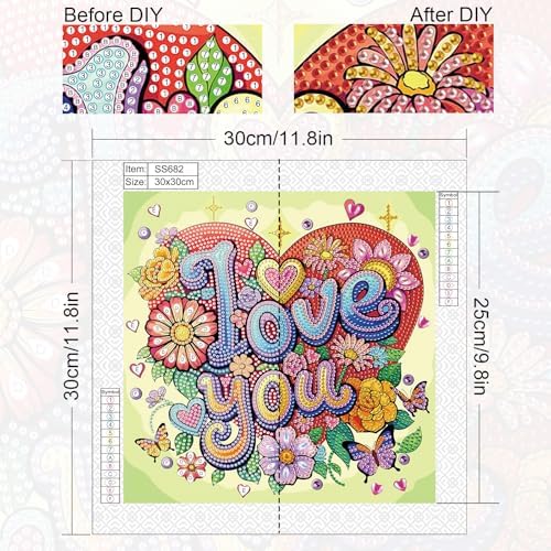 jinglinhh Love You Flowers Butterfly Special Shaped DIY Diamond Art Painting Kit for Adults Beginners, Partial Drill Crystal Rhinestone Gem Art Craft Home Wall Decor 30x30cm - Image 2