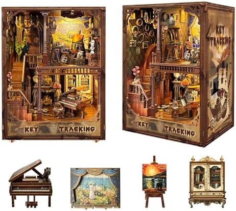 Book Nook Kit-DIY Dollhouse Kit Wooden Miniature Studio with Dust Cover Bookshelf Decor 3D Puzzle Book Nooks for Adults to Build Gift-Key Tracking (SQ-31) by JOINCON