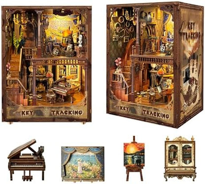 Book Nook Kit-DIY Dollhouse Kit 1:24 Scale Wooden Miniature Studio with Dust Cover Bookshelf Decor 3D Puzzle Book Nooks for Adults to Build Gift-Key Tracking (SQ-31) by STRUCWOOD