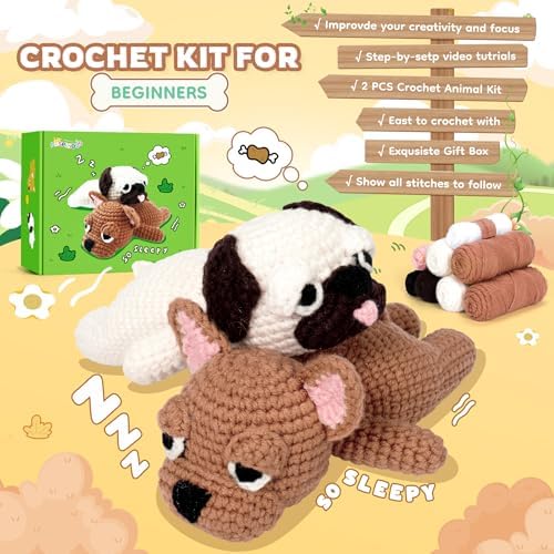 Crochet Kit for Beginners- Teacher Appreciation Gifts, 2 PCS Pug and French Bulldog Crochet Kits for Adults, Sleeping Dog Crochet Kit with Step-by-Step Video Tutorials Instructions DIY Knitting Kit - Image 7