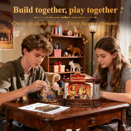 CUTEBEE 3D Wooden Puzzles Music Box - DIY Theater Model Kit with LED Light, 413 Pcs Rotating Miniature House Kit for Adults, Home Bookshelf Decor, Birthday Valentines Day Gifts (Animal Carnival) - Image 2
