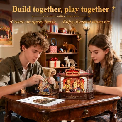 CUTEBEE 3D Wooden Puzzles Music Box - DIY Theater Model Kit with LED Light, 413 Pcs Rotating Miniature House Kit for Adults, Home Bookshelf Decor, Birthday Valentines Day Gifts (Animal Carnival) - Image 2
