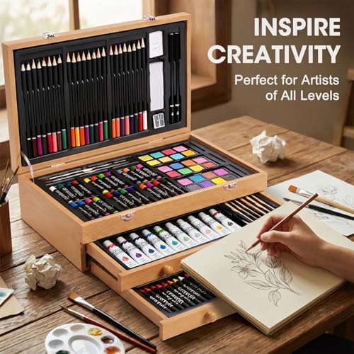 175-Pack Deluxe Wooden Art Set Drawing Painting Kit with 2 Drawing Pads, Acrylic Paints, Colored Pencils, Crayons, Paint Brush, Art Kit in Wooden Case, Gift for Artist, Adults, Teens and Kids - Image 6