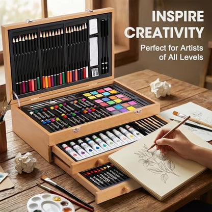 175-Pack Deluxe Wooden Art Set Drawing Painting Kit with 2 Drawing Pads, Acrylic Paints, Colored Pencils, Crayons, Paint Brush, Art Kit in Wooden Case, Gift for Artist, Adults, Teens and Kids - Image 6