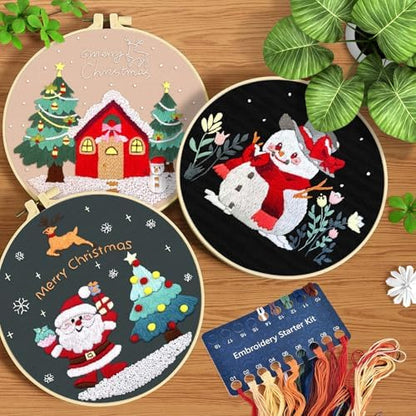 ERKOON 3 Sets Embroidery Kit for Beginners, Christmas Cross Stitch Set with Easy Pattern Embroidery Cloth Hoops Threads for Craft Lover Hand Stitch - Image 2