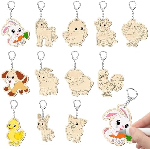Trnayi 36 Pcs Farm Animal Unfinished Wood Keychain DIY Craft by Trnayi