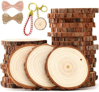 SENMUT Wood Slices 30 Pcs 3.1-3.6inch Natural Rounds Unfinished Wooden Circles Christmas Ornaments for Crafts Wood Kit Predrilled with Hole Wood Coasters, Craft Supplies for DIY and Painting by SENMUT