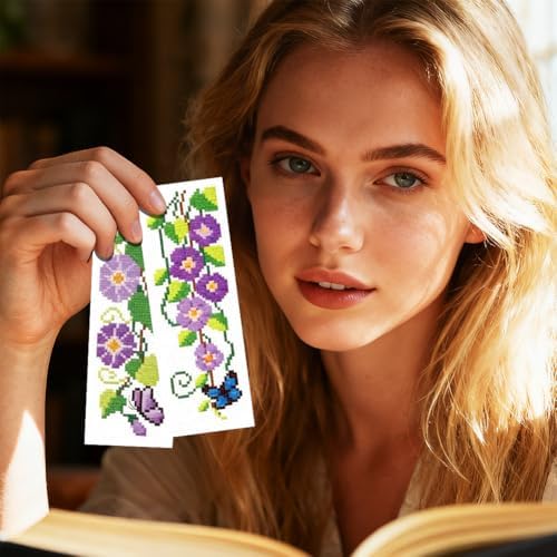 INFUNLY 6pcs Wisteria Floral Cross Stitch Bookmark Kit for Adults DIY Purple Vine Embroidery Bookmark Kits Butterfly Purple Flower Cross-Stitch Pre-Printed Bookmarks with Instructions for Book Lovers - Image 7
