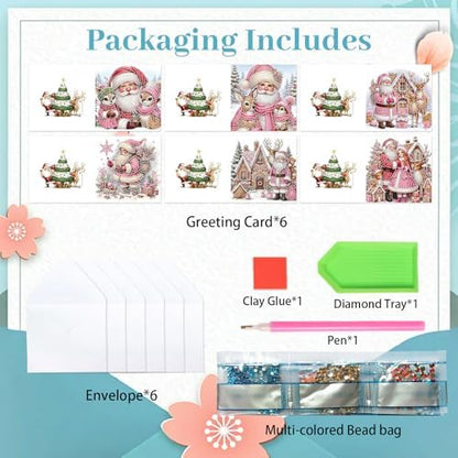 MVVMTOP 6pcs Christmas Diamond Painting Greeting Card with envelopes, DIY Santa Claus Diamond Art Greeting Card for Blessing and Wish Special Shaped Arts Crafts for Birthday Thanksgiving Day - Image 3