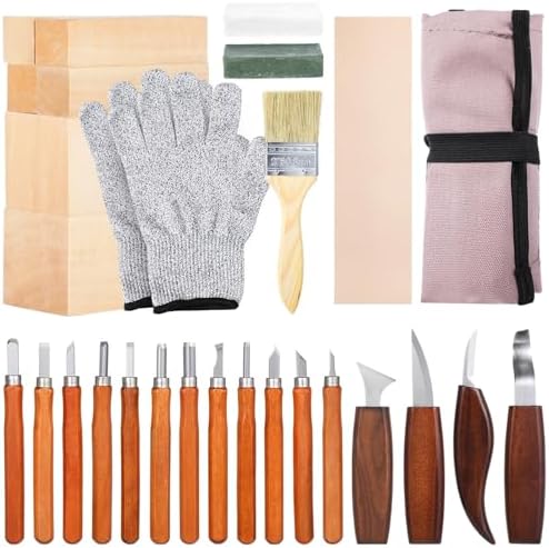 Wood Craft Making Kit, 30 Pcs Wood Carving Tools, Wood Whittling Kit, Cutter, Gloves, Polish Wax, Whetstone, Hand Engraving Tool Set, Unfinished Wood Blocks, for Beginners Professionals by Unknown