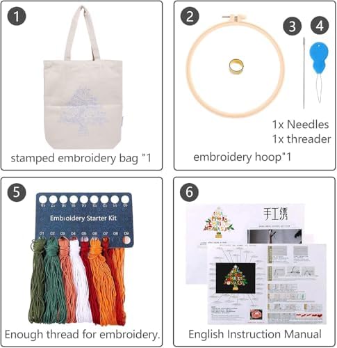 Canvas Tote Bag Embroidery Kit with Pattern for Beginners, Arts and DIY Embroidery Crafts Kits for Adults, Instructions, Thimble, Embroidery Hoops, Color Threads (Beige, CR002 Christmas Tree) - Image 4