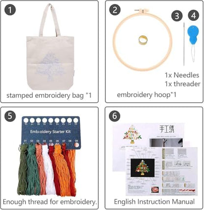 Canvas Tote Bag Embroidery Kit with Pattern for Beginners, Arts and DIY Embroidery Crafts Kits for Adults, Instructions, Thimble, Embroidery Hoops, Color Threads (Beige, CR002 Christmas Tree) - Image 4