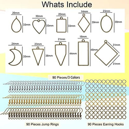 270 Pieces Open Bezel Pendants for Resin, 12 Styles Open Frame Pendant Assorted Geometric Hollow Mold Metal Resin Jewelry Molds for Earrings, Necklace, Pressed Flower, DIY Crafts - Image 2