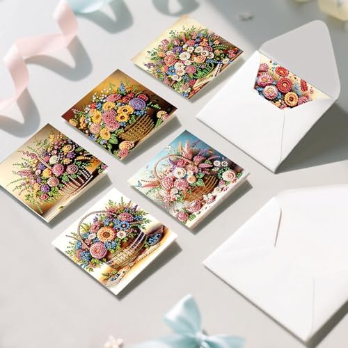 6pcs Bouquet Flower Basket Diamond Art Painting Greeting Cards Kit with Envelopes, 5D DIY Special Shaped Card Making Kits for Adults, Holiday Birthday Postcards, Creative Craft Gifts - Image 5
