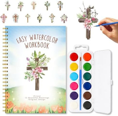 Christian Gift, Christian Cross Watercolor Workbook, Floral Cross Water Coloring Book with 12 Different Floral Paintings Designs, Watercolor Book with Palette and Brush, Relaxing Art for Beginners by Unknown