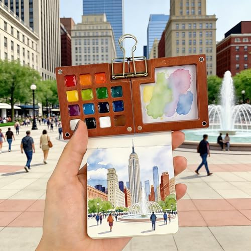 Mini Portable Watercolor Paint Palette Set - 15 Grid Paint Box with Binder Clips Include 24 Colors Watercolor Paint, 5 Brushes & Sketchbook, Travel Drawing Kit for Beginners and Art Enthusiasts - Image 4