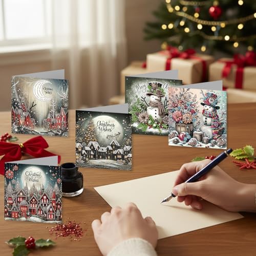 jinglinhh 12pcs Diamond Art Painting Christmas Snowman Village Greeting Cards with Envelopes, DIY Card Making Kits for Adults, Diamond Art Christmas Cards for Holiday Gifts - Image 7