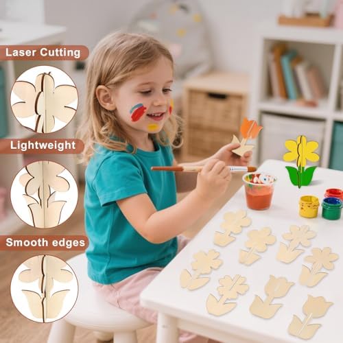 24PCS 3D Flower Spring Wood Crafts to Paint for Kids Adults, 4 Styles Unfinished Wood Crafts to Paint, Flowers Ornaments for Painting Decorations, Easy Crafts for Kids/Adults/Seniors - Image 3