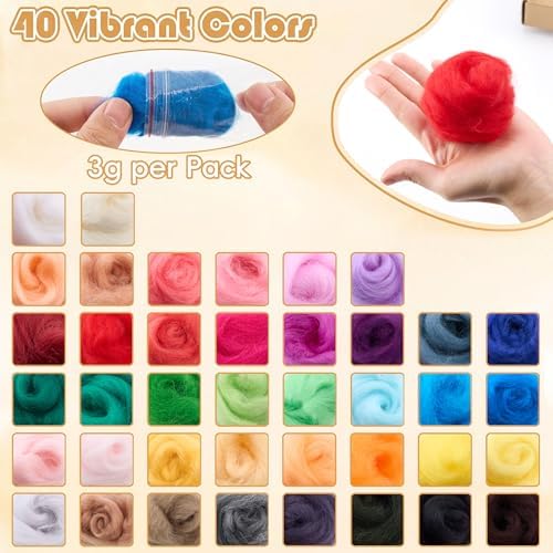 DF DUALFERV Needle Felting Kit with 40 Colors of Premium Felting Wool - Fluffy, Textured Wool Roving with Strong Plasticity for Felted Animal - Image 3