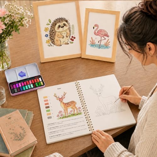 Watercolor Workbook - Water Color Coloring Book Set for Adults. 14 Land Animal Water Colors Book, 24 Color Watercolor Paint, 3 Brush Pens, 300g Watercolor Paper, Perfect Gifting for Beginners - Image 6