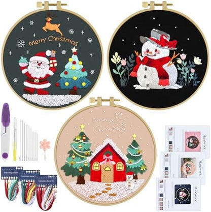 ERKOON 3 Sets Embroidery Kit for Beginners, Christmas Cross Stitch Set with Easy Pattern Embroidery Cloth Hoops Threads for Craft Lover Hand Stitch by ERKOON
