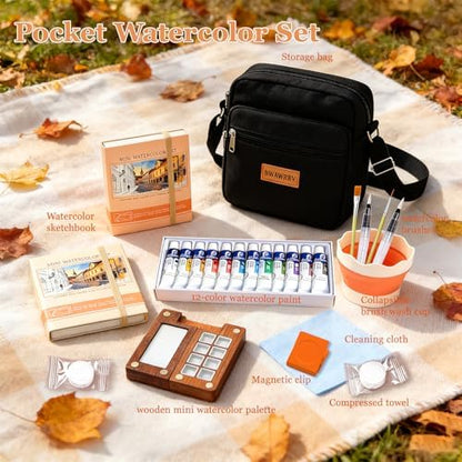 Mini Watercolor Paint Set Travel, Portable Pocket Watercolor Kit with Wooden Palette,Colours,Sketchbook, Brush&Water Cup,Clip.Complete Artist Supplies From Beginner Watercolors to Seasoned Pro Needs - Image 5