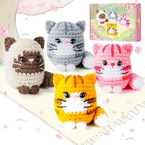 Crochet Kit for Beginners -4 PCS Cat Crochet Kit with Step-by-Step Video Tutorials, Learn to Crochet Kits for Adults, Beginner Crochet Kits for Adults, Animals Cat Crafts Knitting Kit Galentines Gifts - Image 6