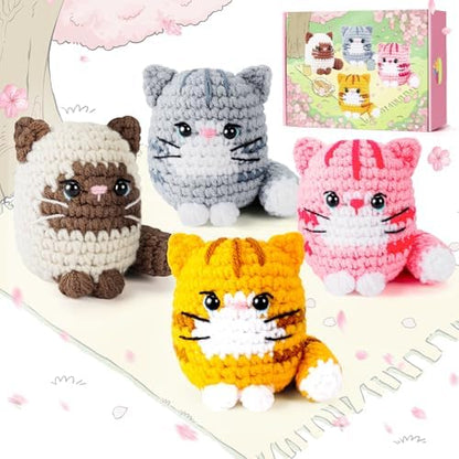 Crochet Kit for Beginners -4 PCS Cat Crochet Kit with Step-by-Step Video Tutorials, Learn to Crochet Kits for Adults, Beginner Crochet Kits for Adults, Animals Cat Crafts Knitting Kit Galentines Gifts - Image 6