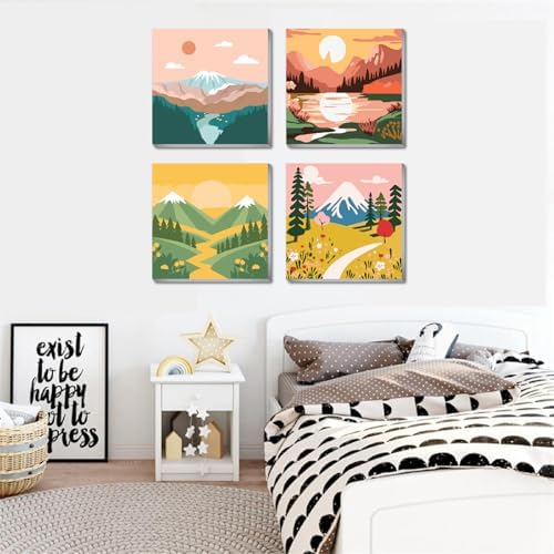 FQOVKYN 4 Packs Paint by Numbers Kit for Adults with Frame, DIY Landscape Adult's Paint by Number on Canvas, Mountain Oil Painting Kits for Home Wall Decor 8x8 Inch - Image 5