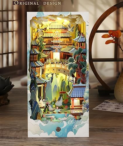 Book Nook Kit for Adults, DIY Dollhouse Booknooks Penglai Wonderland Landscape Decor Chinese Landscapes Bookshelf Insert with Dust Cover LED 3D Wooden Puzzle Assembly Model Creative Gift - Image 4