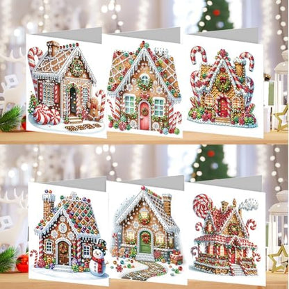 jinglinhh 6pcs Diamond Art Painting Christmas House Candy Cane Wreath Greeting Cards with Envelopes, DIY Card Making Kits for Adults, Diamond Art Postcards Christmas Cards Craft Gifts - Image 4