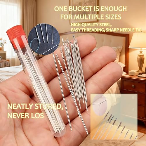 Big Eye Steel Sewing Needles Kit, 34PCS Big Eye Steel Needle Sewing Kit with Needles, Threads, Scissors, Thimble for Home, Travel, DIY Handcraft (Basic Hand Sewing Set - Image 3