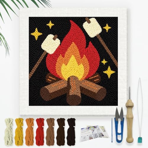Doodlream Campfire with Marshmallows Needle Kit for Beginner, 9.4"x 9.4" Camping Punch Stitching Craft Set, DIY Embroidery Starter with Printed Frame, Instruction, Threader, Yarn, Pinch Needle by Doodlream
