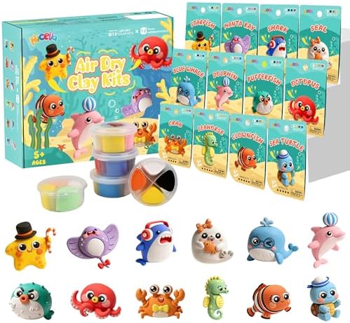 Air Dry Clay Kit, 12 Sea Creature Modeling Clay for Kids, Model Magic Clay with Sculpting Tools and Tutorials, Safe & Non-Toxic, DIY Arts & Crafts School Projects, Home Party Favors for Boys & Girls by Nicella