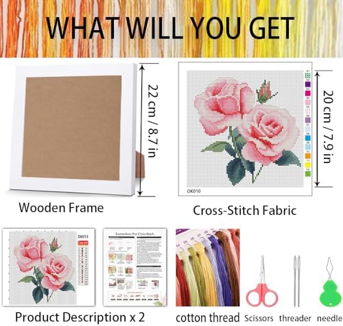 Pink Roses Stamped Cross Stitch Kits for Adult Beginner with Wooden Frame - Image 3